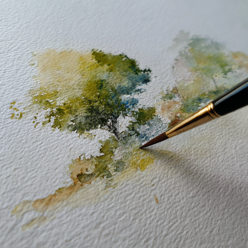 Watercolor painting with a brush on textured paper